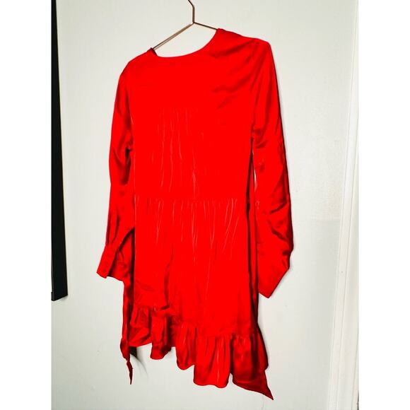 MARISSA WEBB Satin Red Tie Front V-Neck Ruffled Sleeves Shift Mini Dress Size 10 - Picture 4 of 11